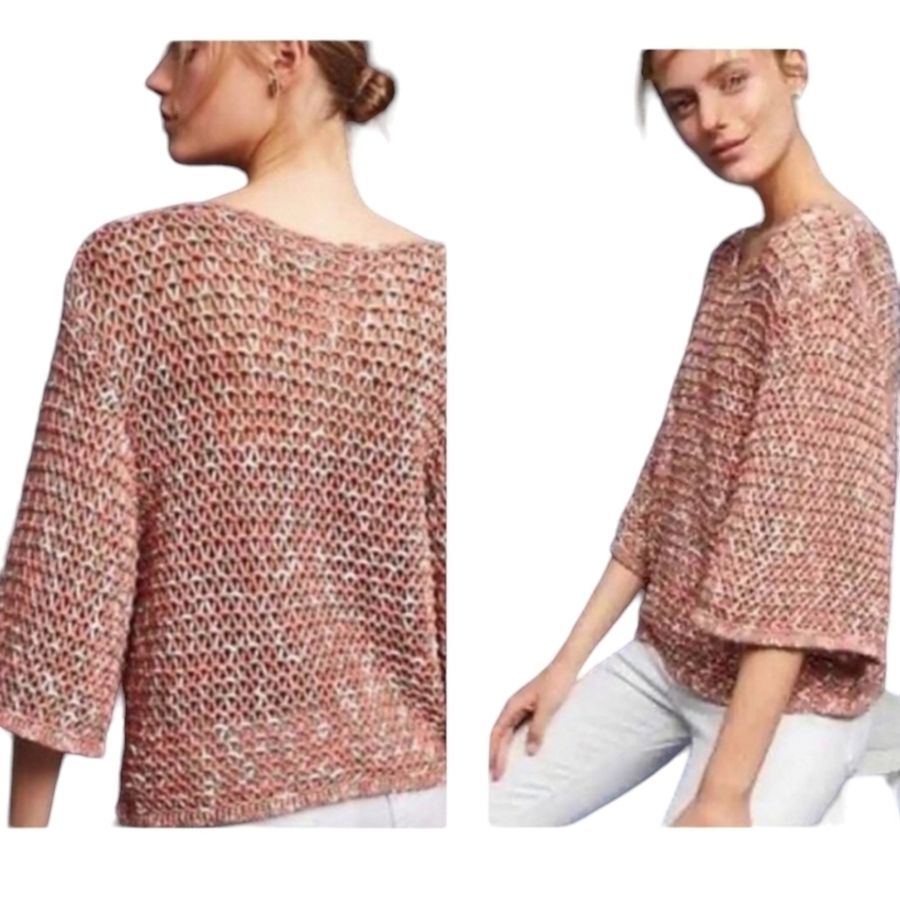 Anthropologie Moth Sweater‎ XS Pink Marled Salina Loose Open Knit Relaxed Crew